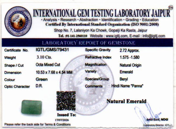 Emerald (Panna) Gemstone - 3.10 Carats