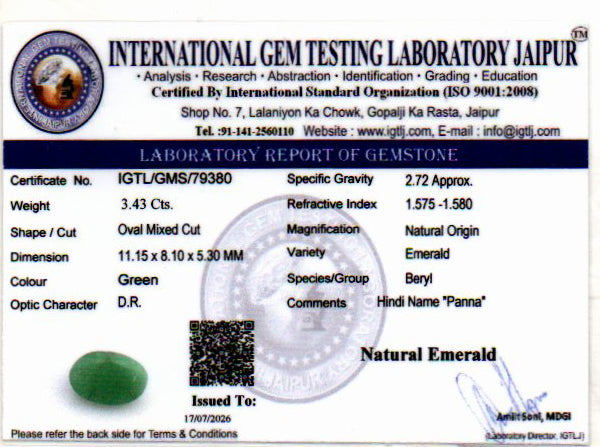 Emerald (Panna) Gemstone - 3.43 Carats