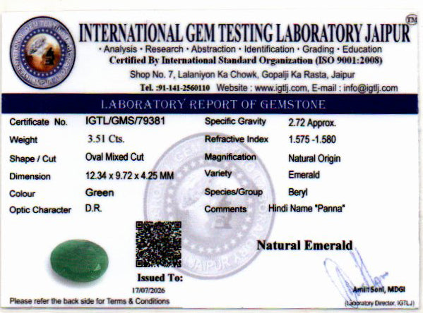 Emerald (Panna) Gemstone - 3.51 Carats