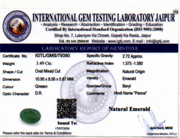Emerald (Panna) Gemstone - 3.49 Carats