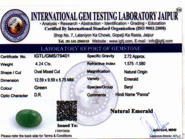 Emerald (Panna) Gemstone - 4.24 Carats