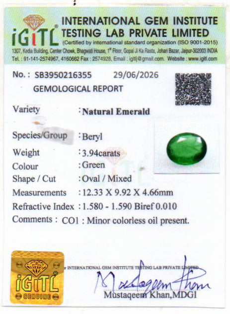 Emerald (Panna) Gemstone - 3.94 Carats