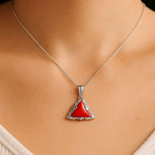 Bold & Stylish Sterling Silver Triangle Red Coral Pendant