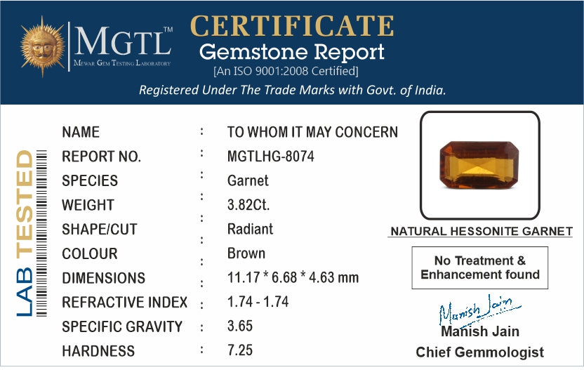 Hessonite - 3.82 Carats (Gomed - 4.16 Ratti)