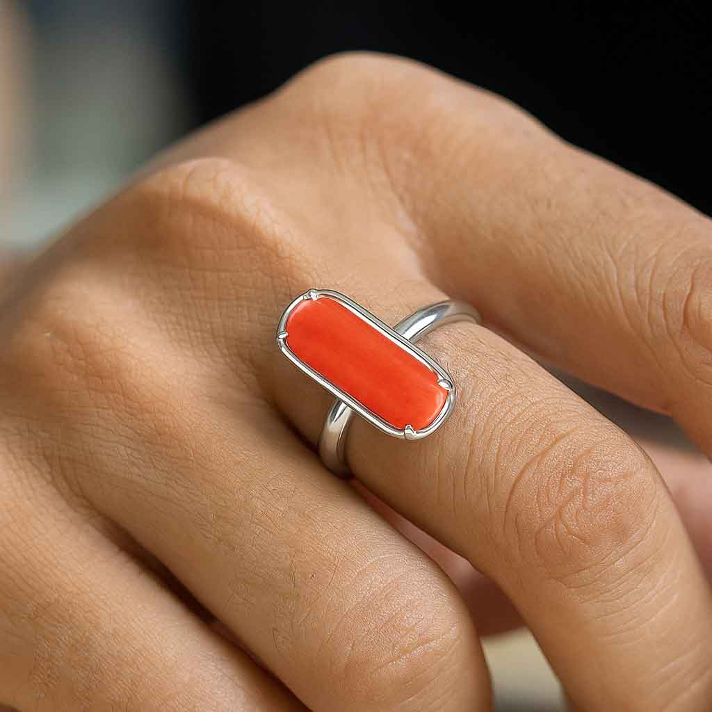 Traditional Pure Silver Red Coral Gemstone Ring For Ladies