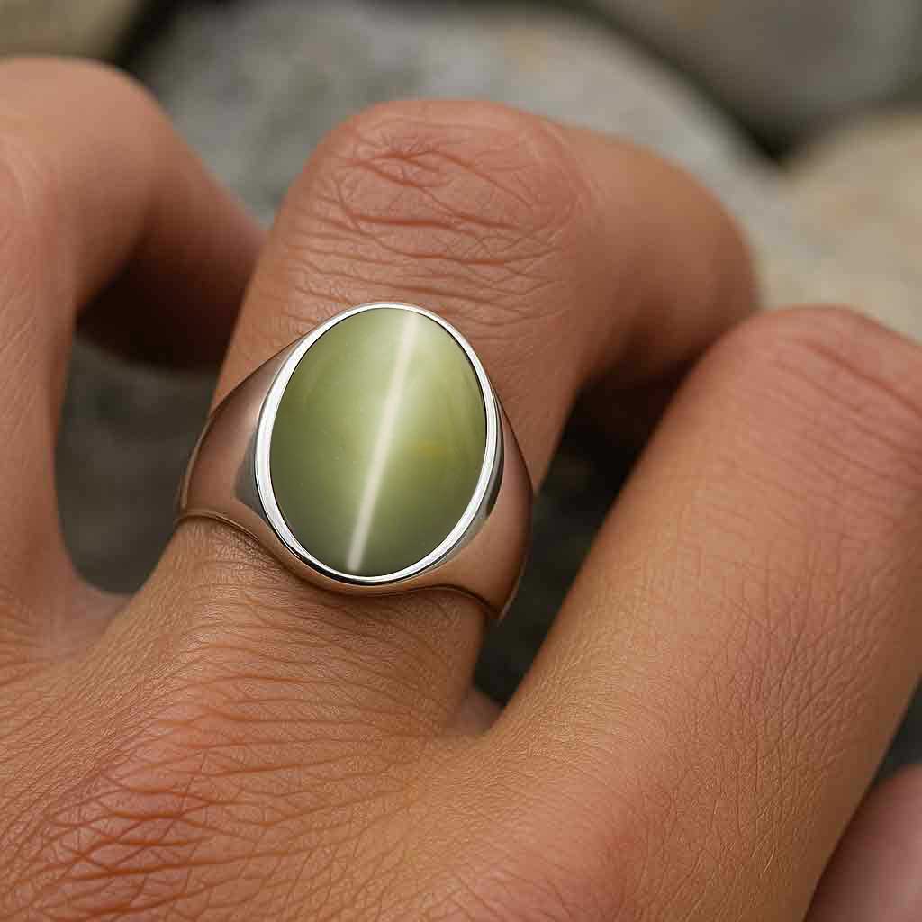 Elegant Sterling Silver Cats Eye Stone Ring for Men