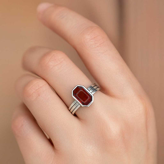 Authentic 925 Sterling Silver Hessonite Garnet Stone Ring for Women