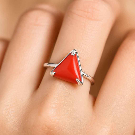 Classic Regal 925 Silver Women's Red Coral Gemstone Ring