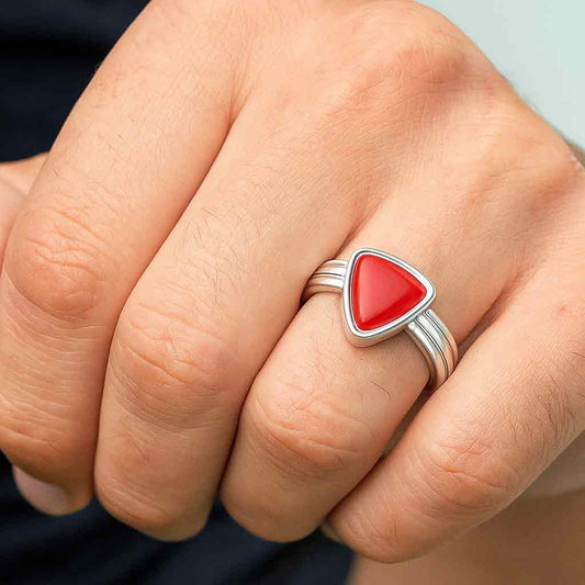 Vintage Sterling Silver Triangle Red Coral Ring for Men