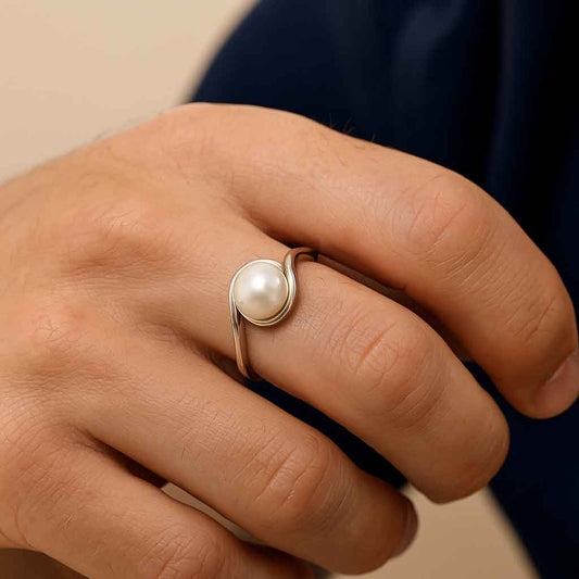 Classic Royal 925 Sterling Silver Pearl Gemstone Ring for Men
