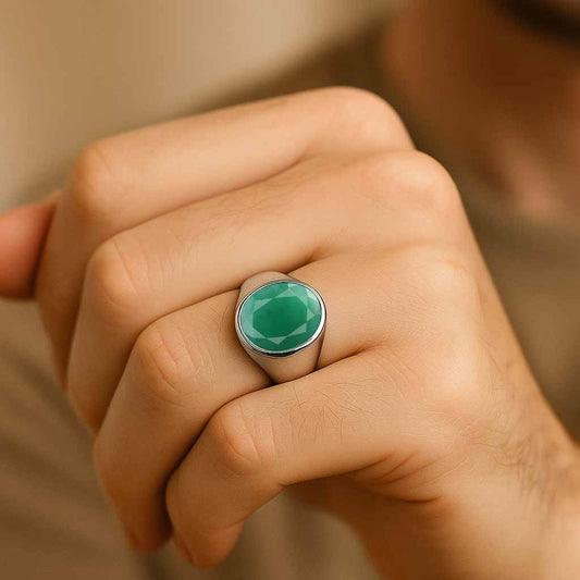 Crafted Sterling Silver Emerald Gemstone Ring for Him