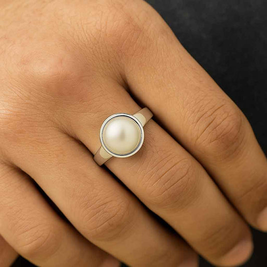 Round Pearl Gemstone Sterling Silver Ring for Men