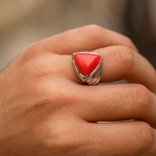 Premium Sterling Silver Original Red Coral Ring for Him