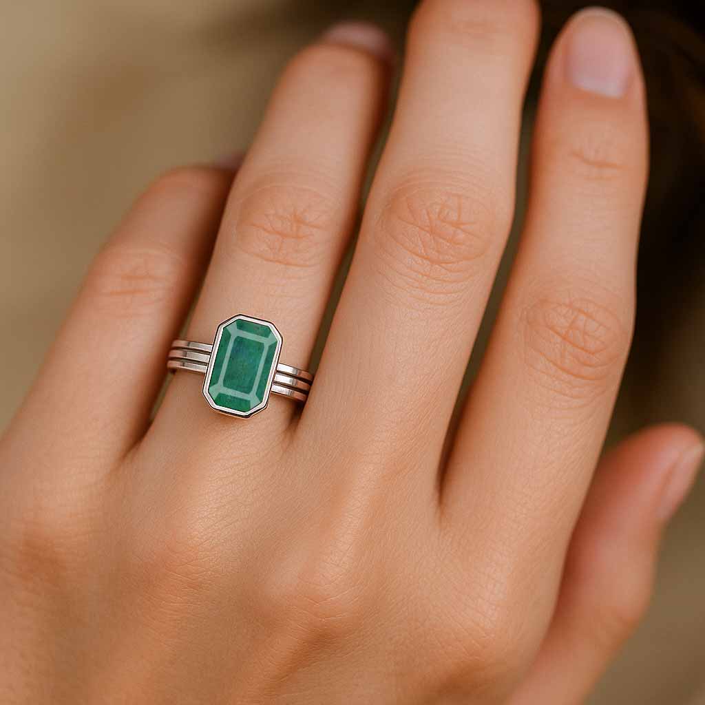 Classic Pure Sterling Silver Emerald Cut Emerald Ring for Women