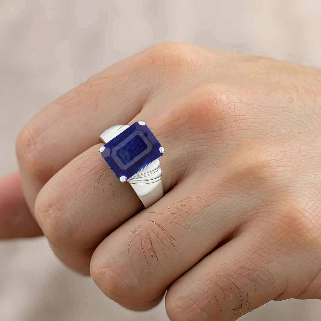 Premium Men's Sterling Silver Ring with Octagon Blue Sapphire