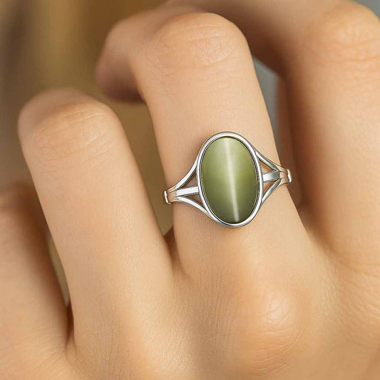 Classic 925 Sterling Silver Women’s Cat’s Eye Gemstone Ring