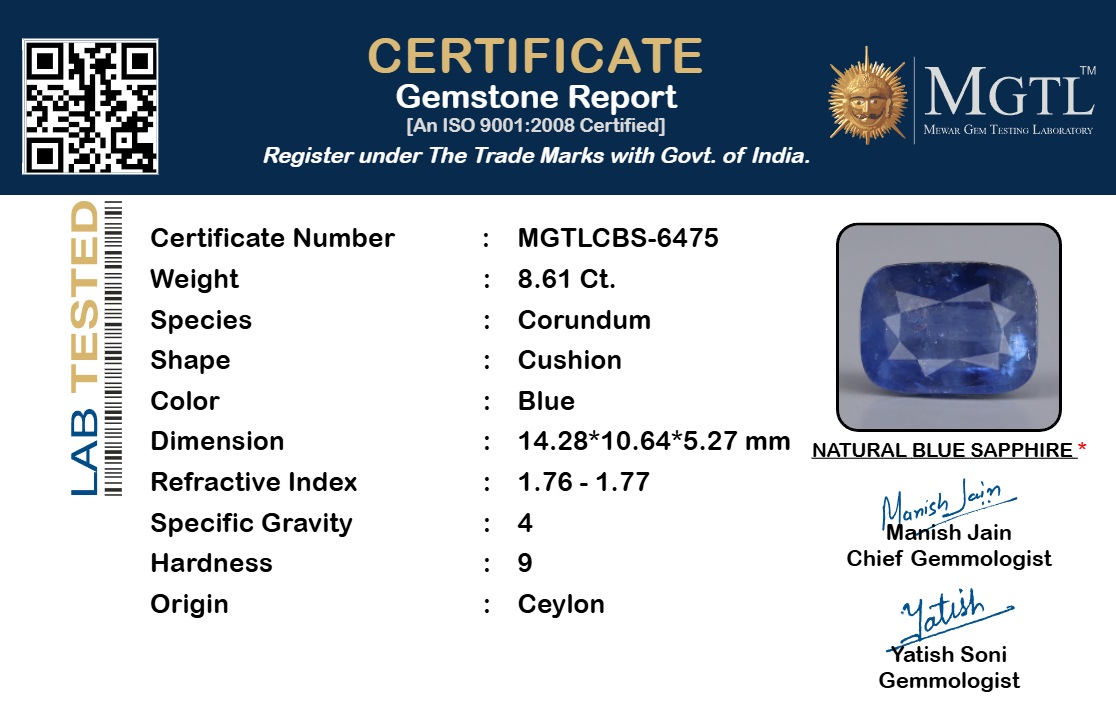 Blue Sapphire (Neelam) Gemstone - 8.61 Carats