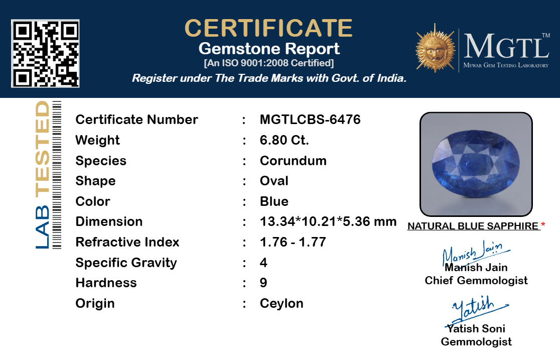 Blue Sapphire (Neelam) Gemstone - 6.80 Carats