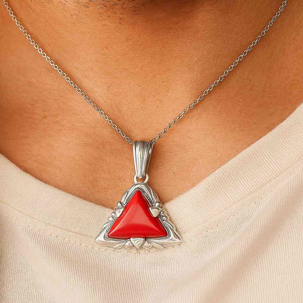 Bold & Stylish Sterling Silver Triangle Red Coral Pendant