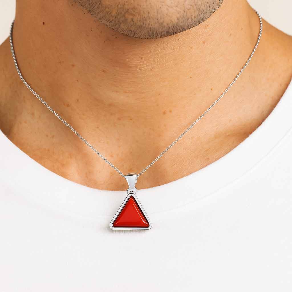 Modern Sterling Silver Triangle Red Coral Pendant