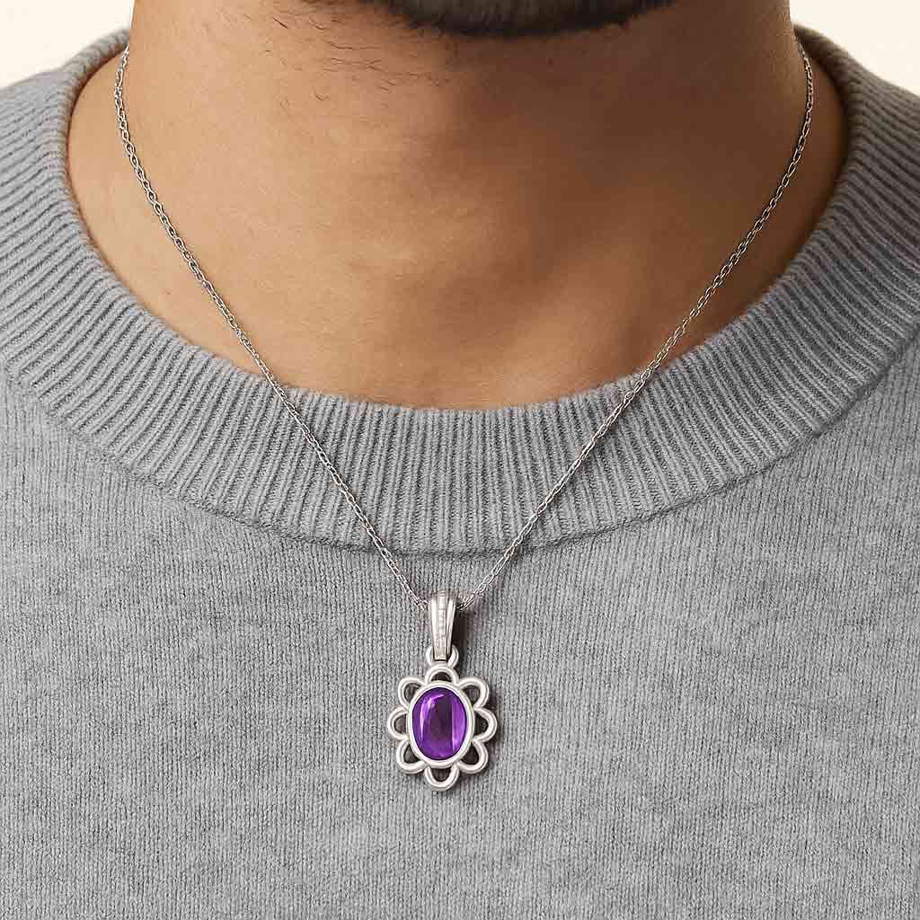 Modern Sterling Silver Natural Amethyst Pendant