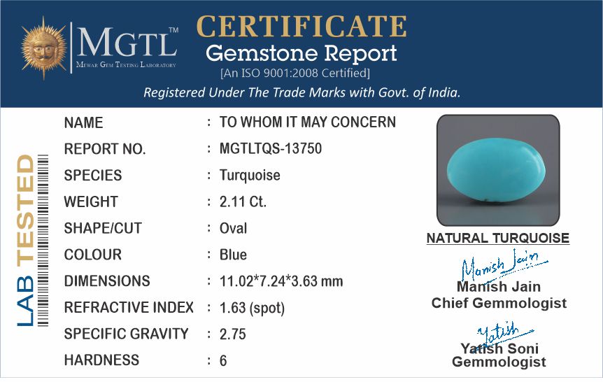 Turquoise - 2.11 Carats ( Firoza - 2.30 Ratti )