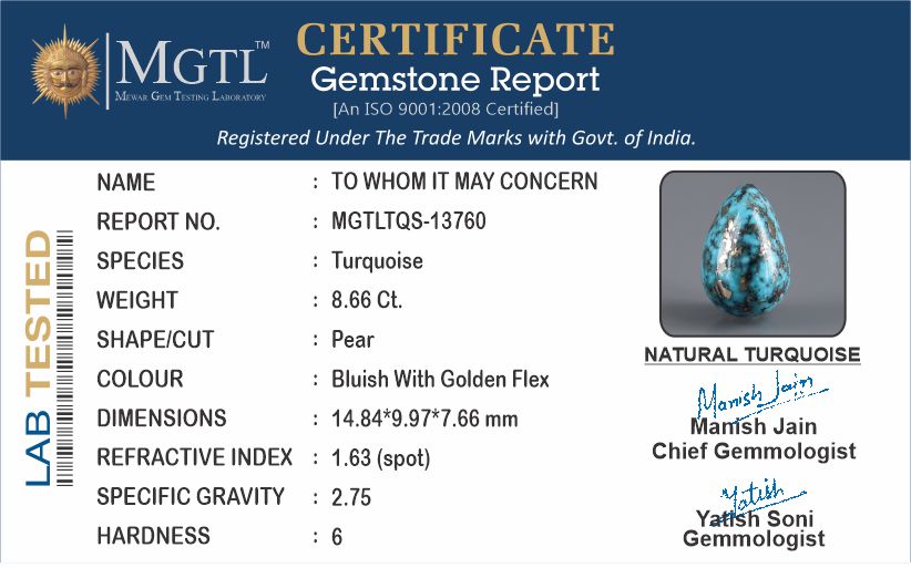 Turquoise - 8.66 Carats ( Firoza - 9.44 Ratti )