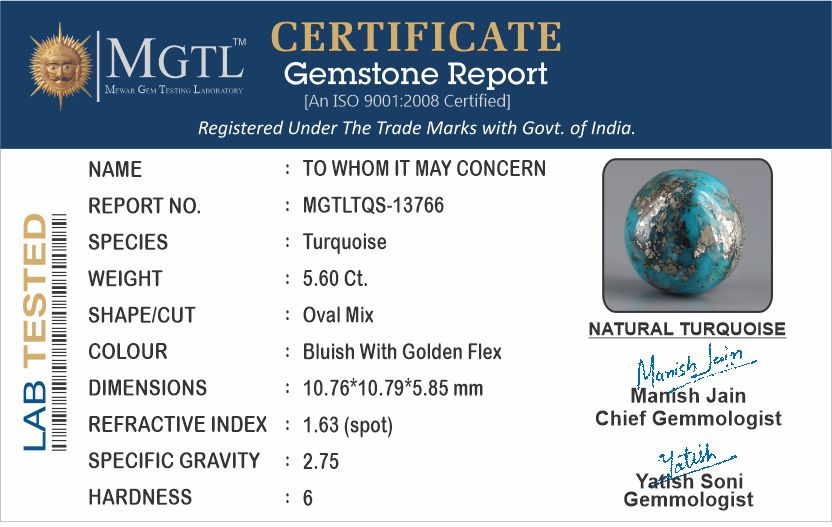 Turquoise - 5.60 Carats ( Firoza - 6.10 Ratti )