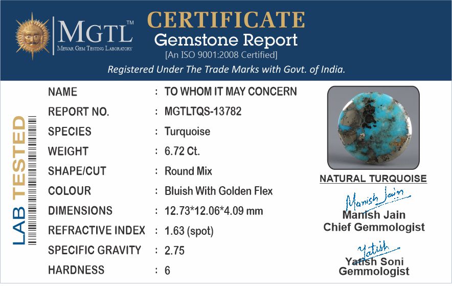 Turquoise - 6.72 Carats ( Firoza - 7.32 Ratti )