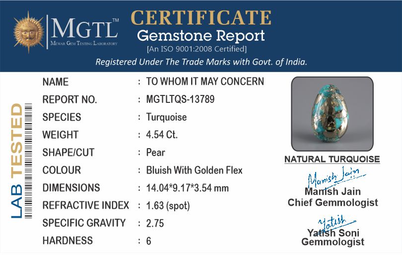 Turquoise - 4.54 Carats ( Firoza - 4.95 Ratti )