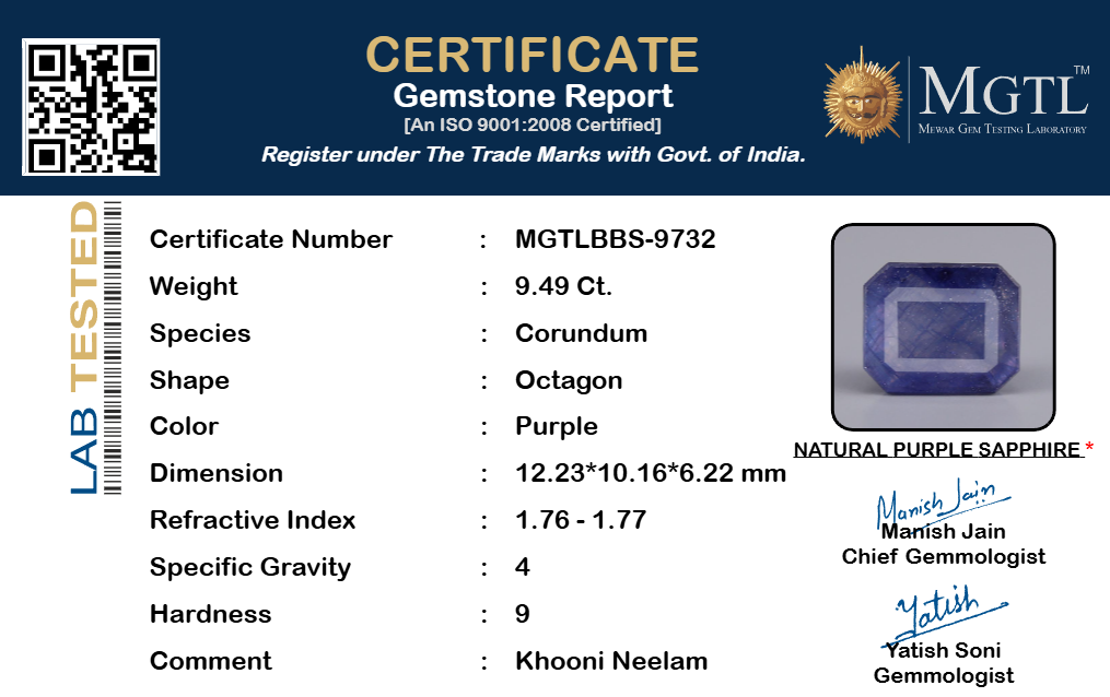 Blue Sapphire (Neelam) Gemstone - 9.49 Carats