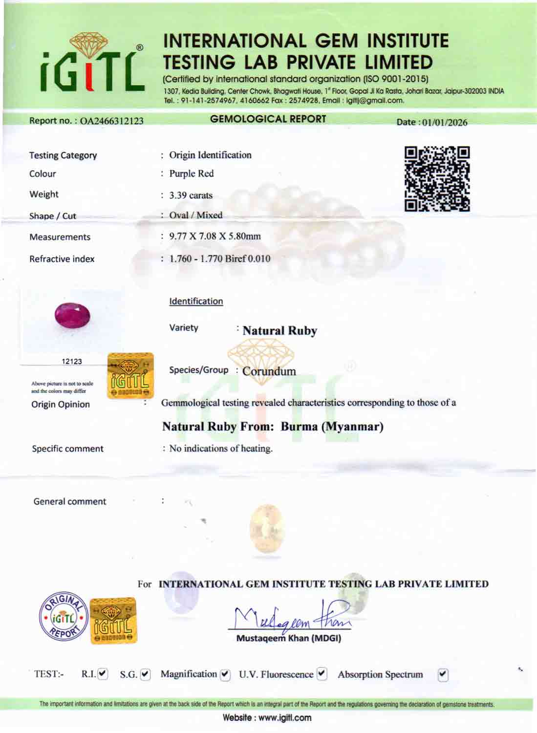 Ruby (Manik) Gemstone - 3.39 Carats