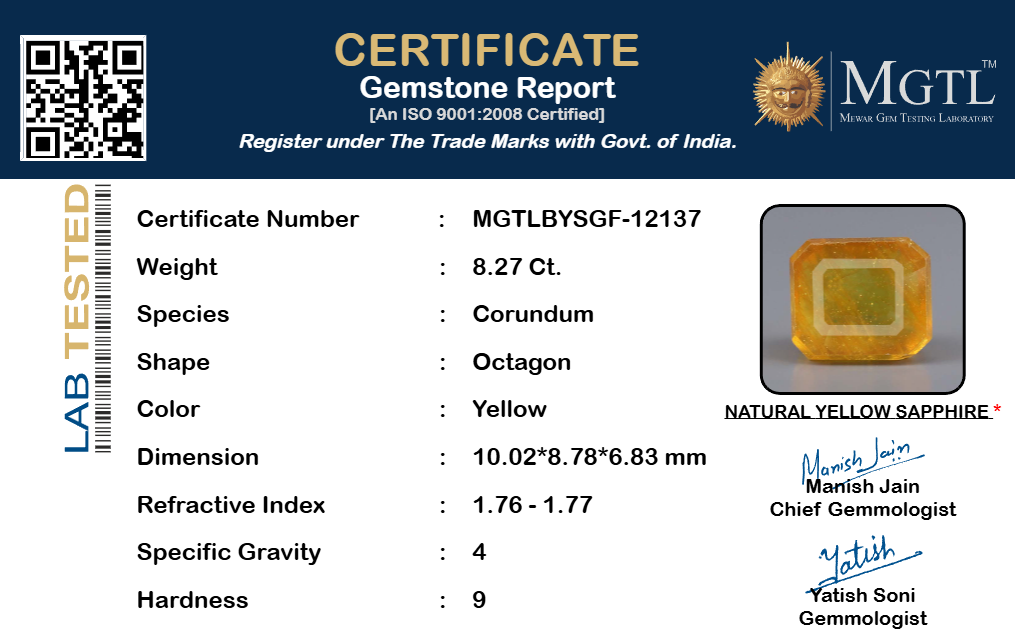 Yellow Sapphire (Pukhraj) Gemstone - 8.27 Carats