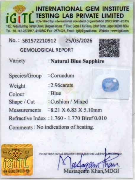Blue Sapphire (Neelam) Gemstone - 2.96 Carats