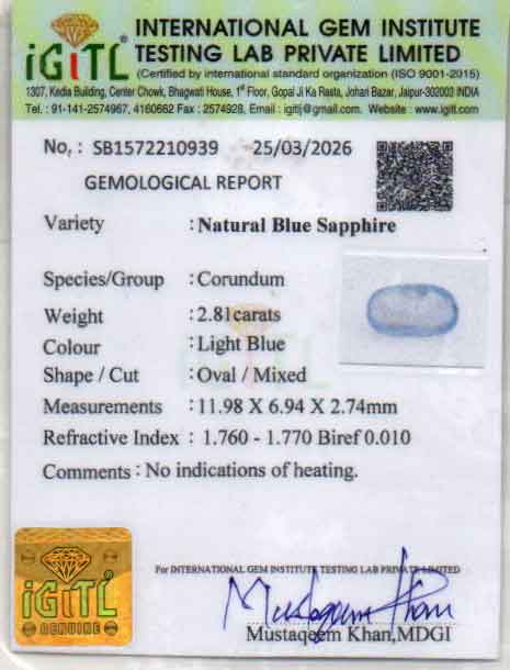 Blue Sapphire (Neelam) Gemstone - 2.81 Carats
