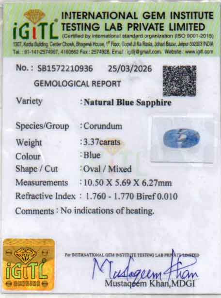 Blue Sapphire (Neelam) Gemstone - 3.37 Carats