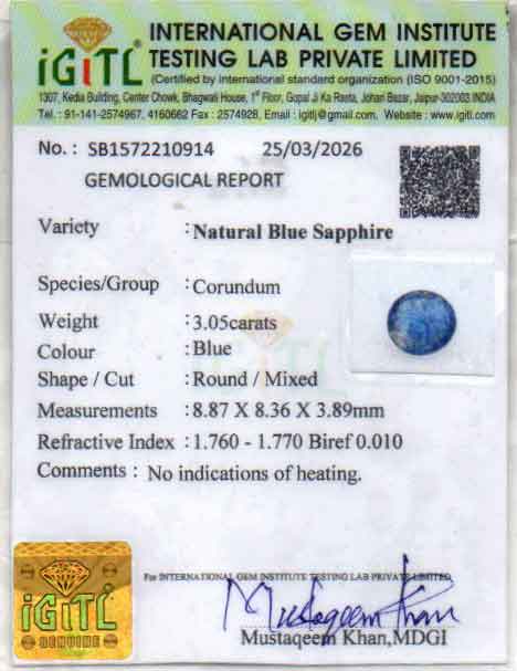 Blue Sapphire (Neelam) Gemstone - 3.05 Carats