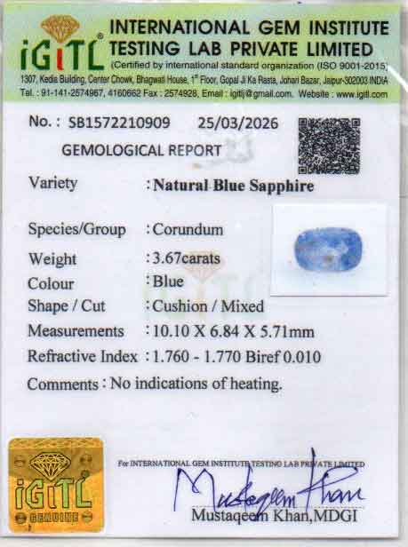 Blue Sapphire (Neelam) Gemstone - 3.67 Carats