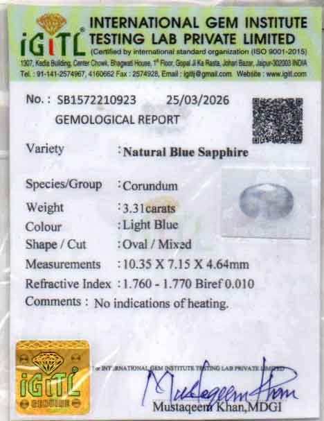 Blue Sapphire (Neelam) Gemstone - 3.31 Carats