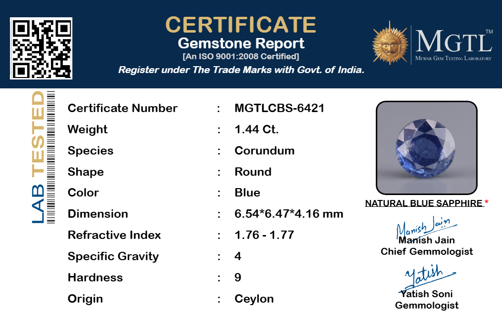 Blue Sapphire (Neelam) Gemstone - 1.44 Carats