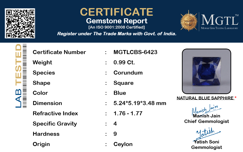 Blue Sapphire (Neelam) Gemstone - 0.99 Carats