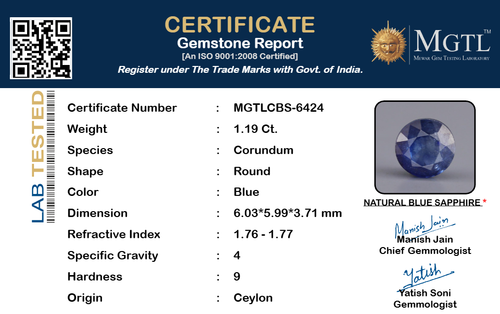 Blue Sapphire (Neelam) Gemstone - 1.19 Carats