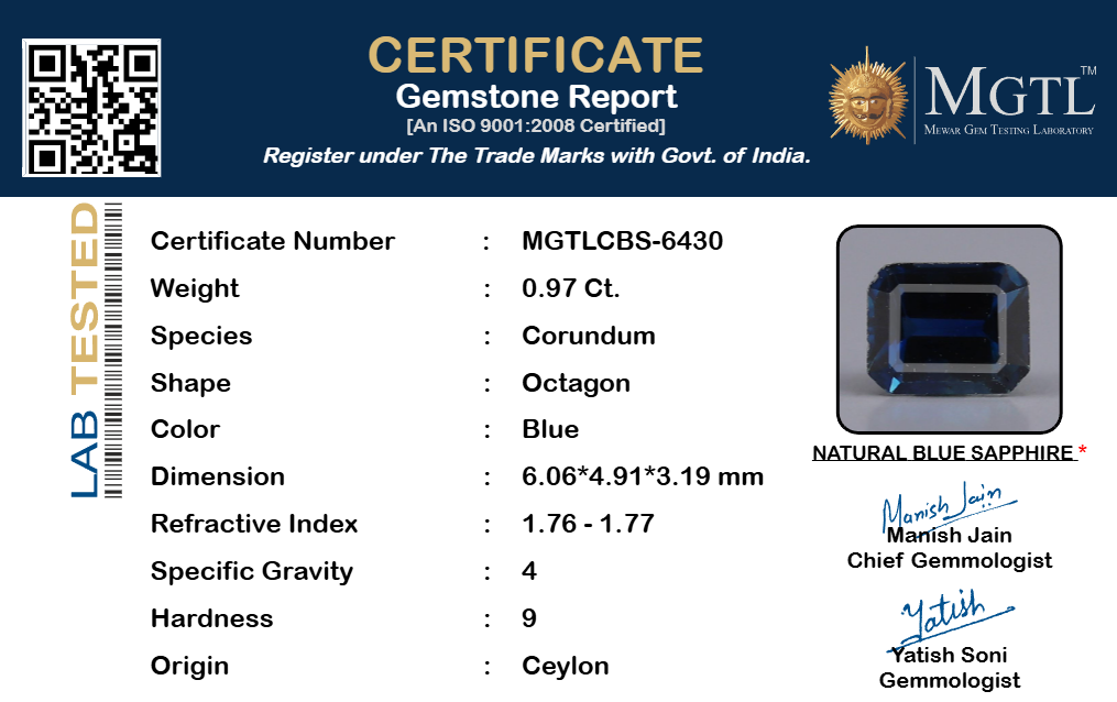 Blue Sapphire (Neelam) Gemstone - 0.97 Carats