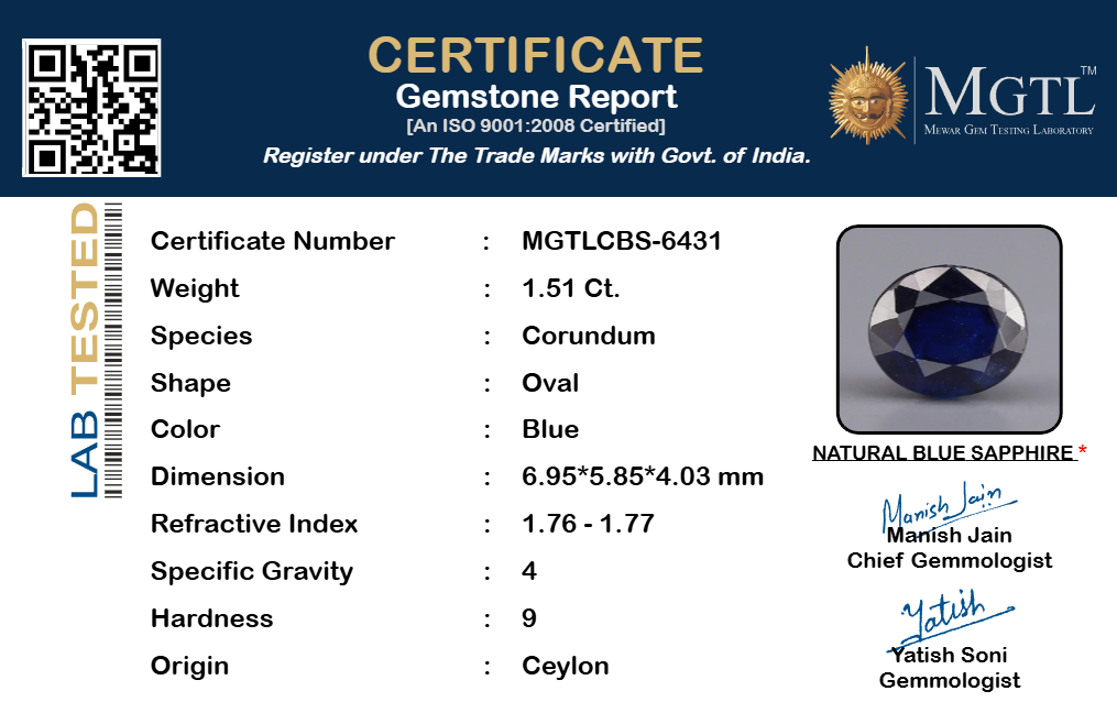 Blue Sapphire (Neelam) Gemstone - 1.51 Carats