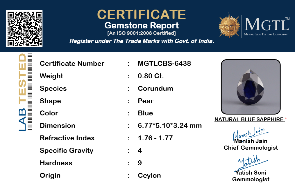 Blue Sapphire (Neelam) Gemstone - 0.80 Carats