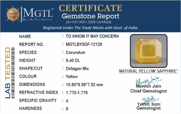 Yellow Sapphire - 9.40 Carats (Pukhraj - 10.25 Ratti)