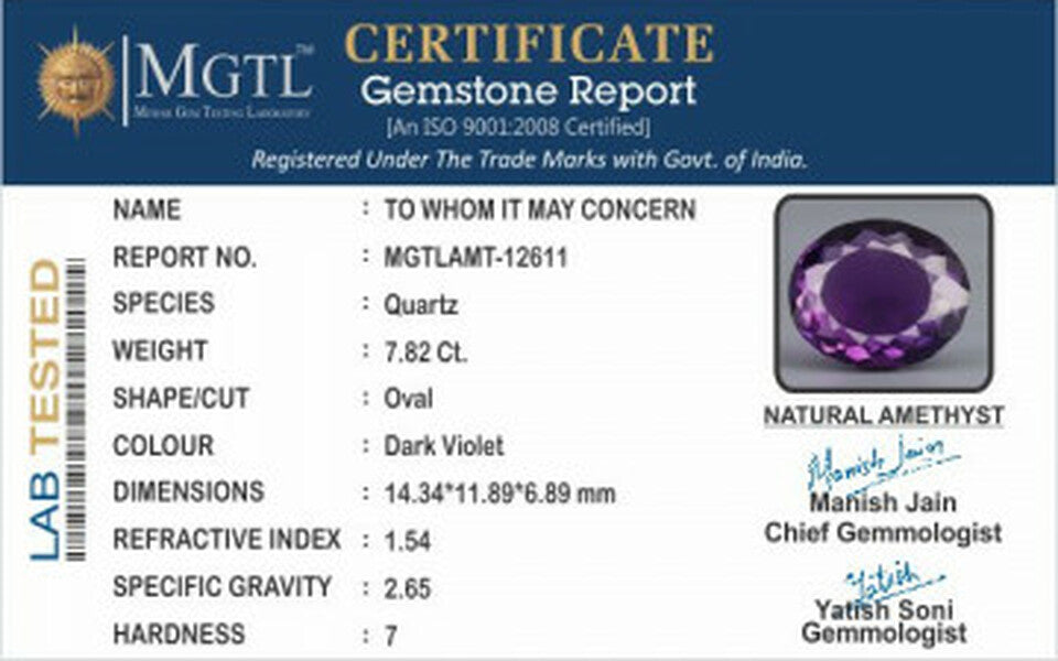 Amethyst - 7.82 Carats (Jamunia - 8.52 Ratti)