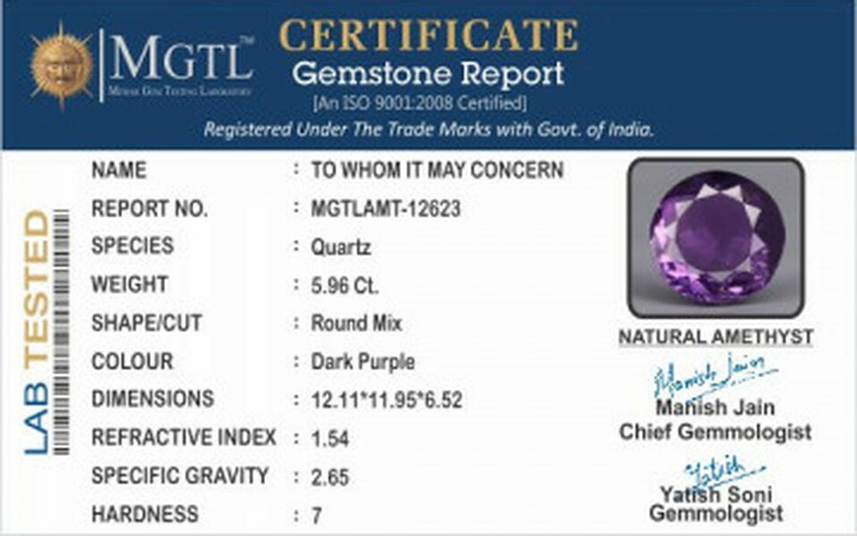 Amethyst - 5.96 Carats (Jamunia - 6.50 Ratti)