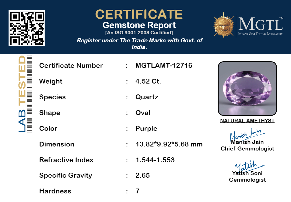 Amethyst - 4.52 Carats (Jamunia - 4.93 Ratti)