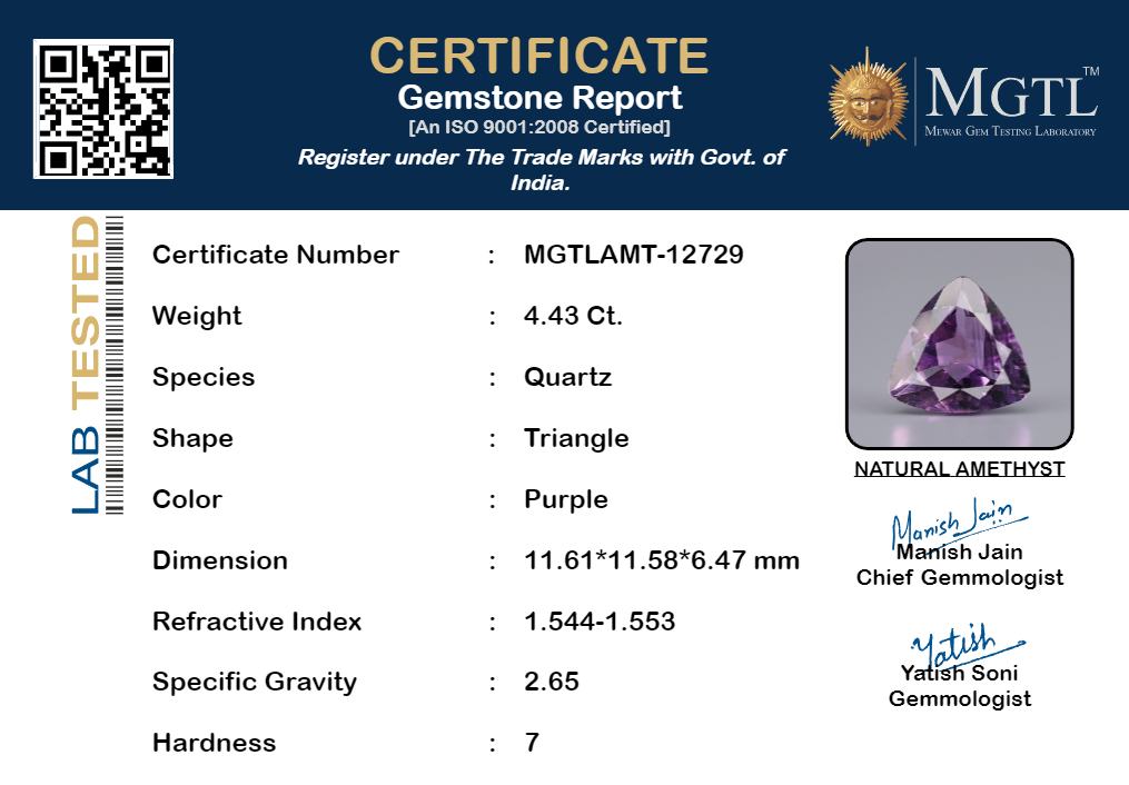 Amethyst - 4.43 Carats (Jamunia - 4.83 Ratti)